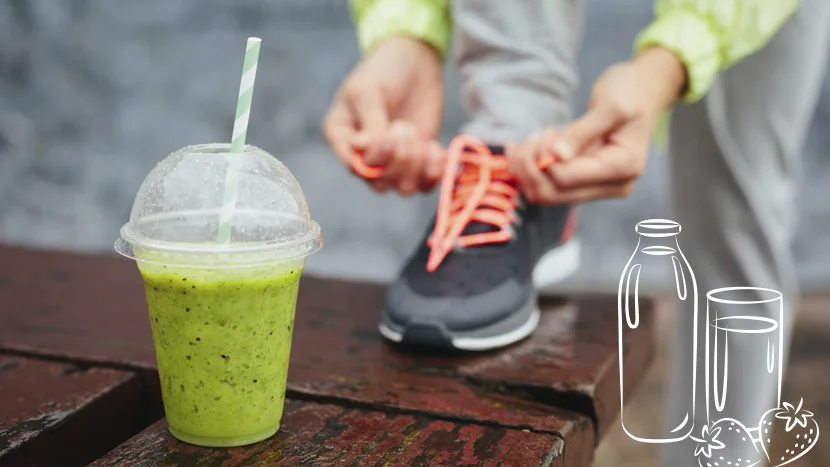 a close-up of a green smoothie and a running shoe